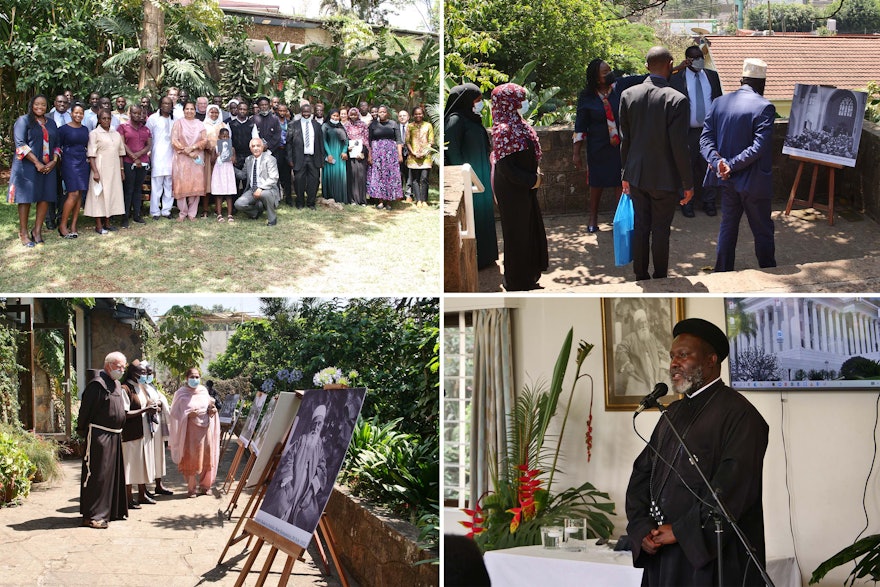 In the top-right and bottom left images, members of the Muslim, Christian, and Hindu communities are seen viewing an exhibit about ‘Abdu’l-Bahá. In the bottom-right image, Rev. Fr. Joseph Mutie of the Orthodox Church, Chair of the Inter-Religious Council of Kenya, is seen addressing the gathering.
