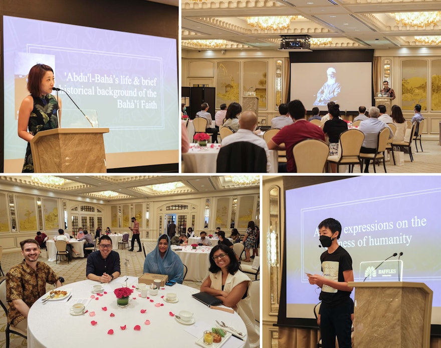 En este collage, la imagen superior izquierda muestra a Meiping Chang, de la Oficina Bahá’í de Asuntos Externos, durante su intervención en la reunión. En la imagen inferior derecha, un joven presenta un recital poético. En la imagen inferior izquierda se pueden ver diversos agentes sociales.