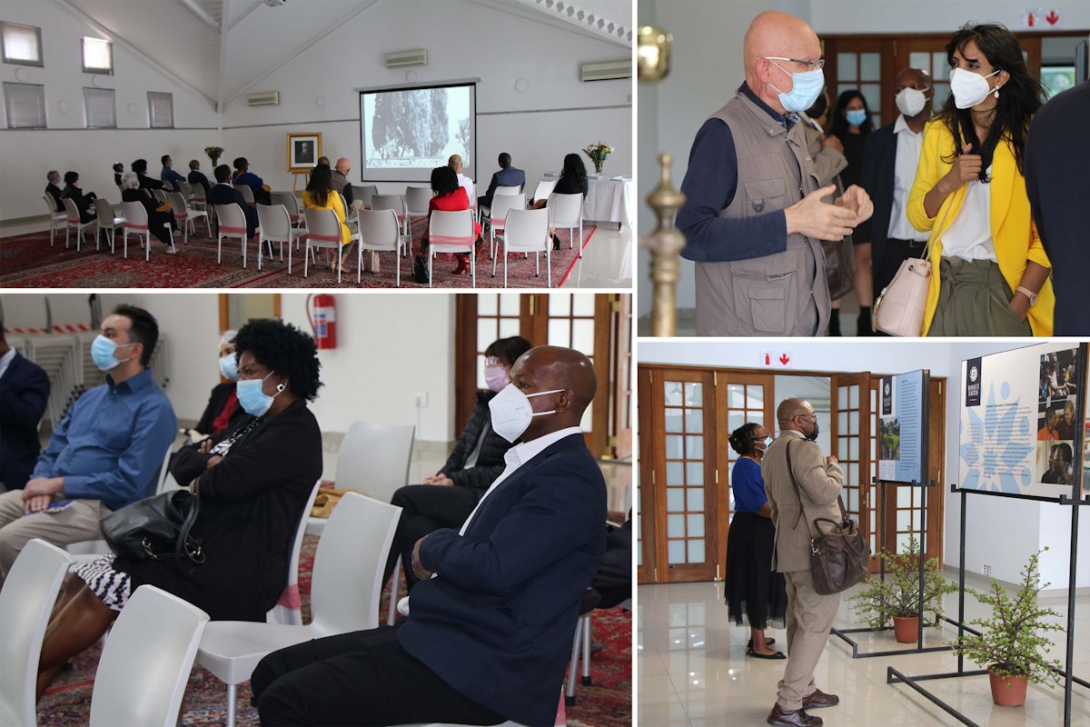 Pictured here are attendees at the gathering. In the top-right image are Father Christophe Boyer  of the Catholic community (left) and Shemona Moonilal, a member of the Bahá’í Office of Public Affairs (right). In the lower-left image are Joshua Masha, a member of the Bahá’í National Spiritual Assembly of South Africa and Rev. Thandiwe Ntlengetwa.