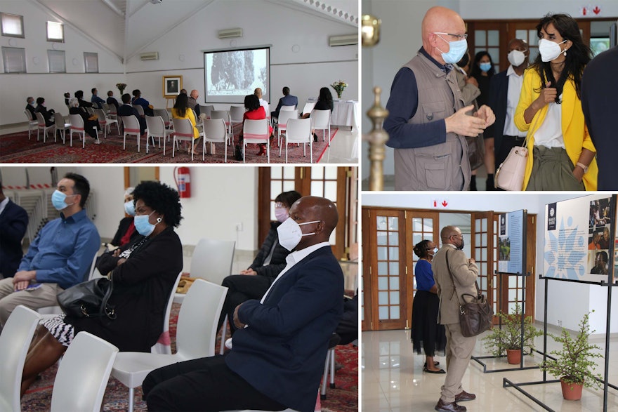 Pictured here are attendees at the gathering. In the top-right image are Father Christophe Boyer  of the Catholic community (left) and Shemona Moonilal, a member of the Bahá’í Office of Public Affairs (right). In the lower-left image are Joshua Masha, a member of the Bahá’í National Spiritual Assembly of South Africa and Rev. Thandiwe Ntlengetwa.