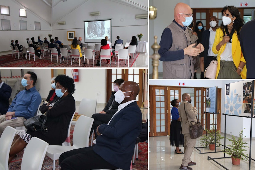 Pictured here are attendees at the gathering. In the top-right image are Father Christophe Boyer of the Catholic community (left) and Shemona Moonilal, a member of the Bahá’í Office of Public Affairs (right). In the lower-left image are Joshua Masha, a member of the Bahá’í National Spiritual Assembly of South Africa and Rev. Thandiwe Ntlengetwa.
