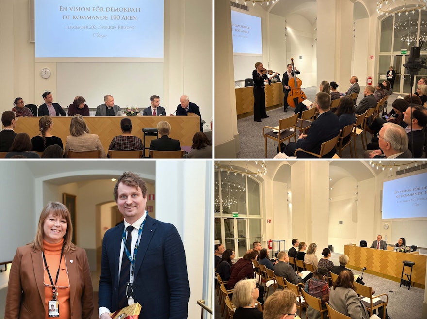 The top-left image above shows the panel discussion. From to right: Chitra Paul, Hindu Forum Sweden; Shahram Mansoory, Swedish Bahá’í Community; Ute Steyer, The Official Council of Swedish Jewish Communities; Peter Lööv Roos, Church of Sweden; Anas Deneche, Islamic Cooperation Council; and the moderator, Member of Parliament Thomas Hammarberg. In the bottom-right image, Augusto Lopez-Claros, executive director of the Global Governance Forum, can be seen giving keynote remarks at the gathering. Dr. Lopez-Claros highlighted that ‘Abdu’l-Bahá stressed inequality as a major challenge to governance. The bottom-left image shows members of parliament Diana Laitinen Carlsson (left) and Mattias Vepsä (right).