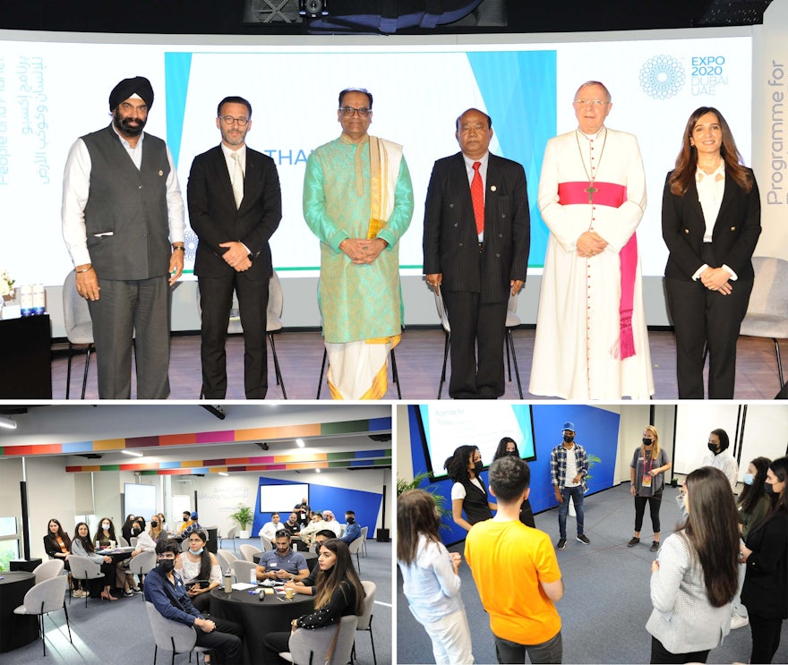 The top image above shows the panelists (left to right): Surender Singh Kandhari, chairman of Guru Nanak Darbar Gurudwara, Dubai; Mr. Ross Kriel, a representative of the Jewish community in Dubai; Pandit Sahitya Chaturvedi, representative of the Hindu Community at Shri Krishna Temple; Ashis Kumar Barua, a senior member of the Buddhist Welfare Society, UAE; Bishop Paul Hinder, the Catholic Apostolic Vicar of Southern Arabia; and the moderator, Roeia Thabet of the UAE Bahá’í community.