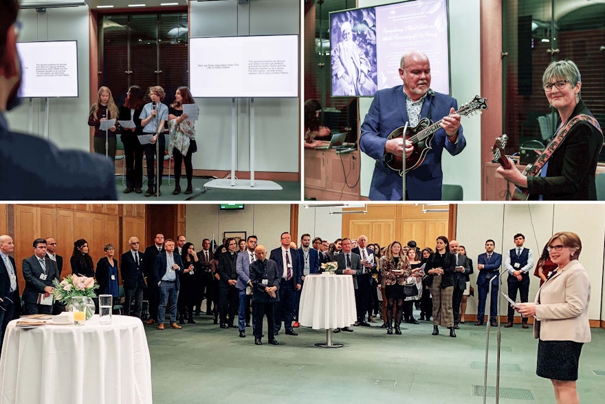 La recepción contó con presentaciones de jóvenes que participan en actividades bahá’ís de construcción de comunidad sobre sus actividades de servicio a la sociedad (arriba a la izquierda), interludios musicales (arriba a la derecha) y una charla de Shirin Fozdar-Foroudi, miembro de la Asamblea Espiritual Nacional de los Bahá’ís del Reino Unido (abajo).