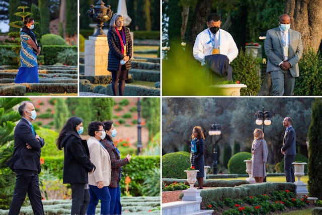 Los Consejeros pasan un tiempo en los jardines que rodean el Santuario de Bahá'u'lláh en silenciosa  contemplación.