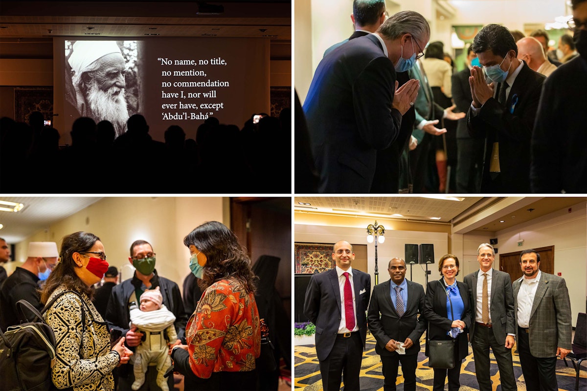 En la imagen un fotograma del documental Refugio para toda la humanidad (arriba a la izquierda), así como otros asistentes a la recepción, entre ellos la alcaldesa de Haifa Einat Kalisch-Rotem.