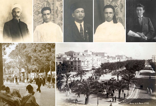 En la imagen de arriba, algunos de los jóvenes que abrazaron las enseñanzas bahá’ís poco después de su encuentro con Sheikh Muḥyí’d-Dín Sabrí (arriba a la izquierda) en el bulevar principal de Túnez que se ve en estas imágenes.