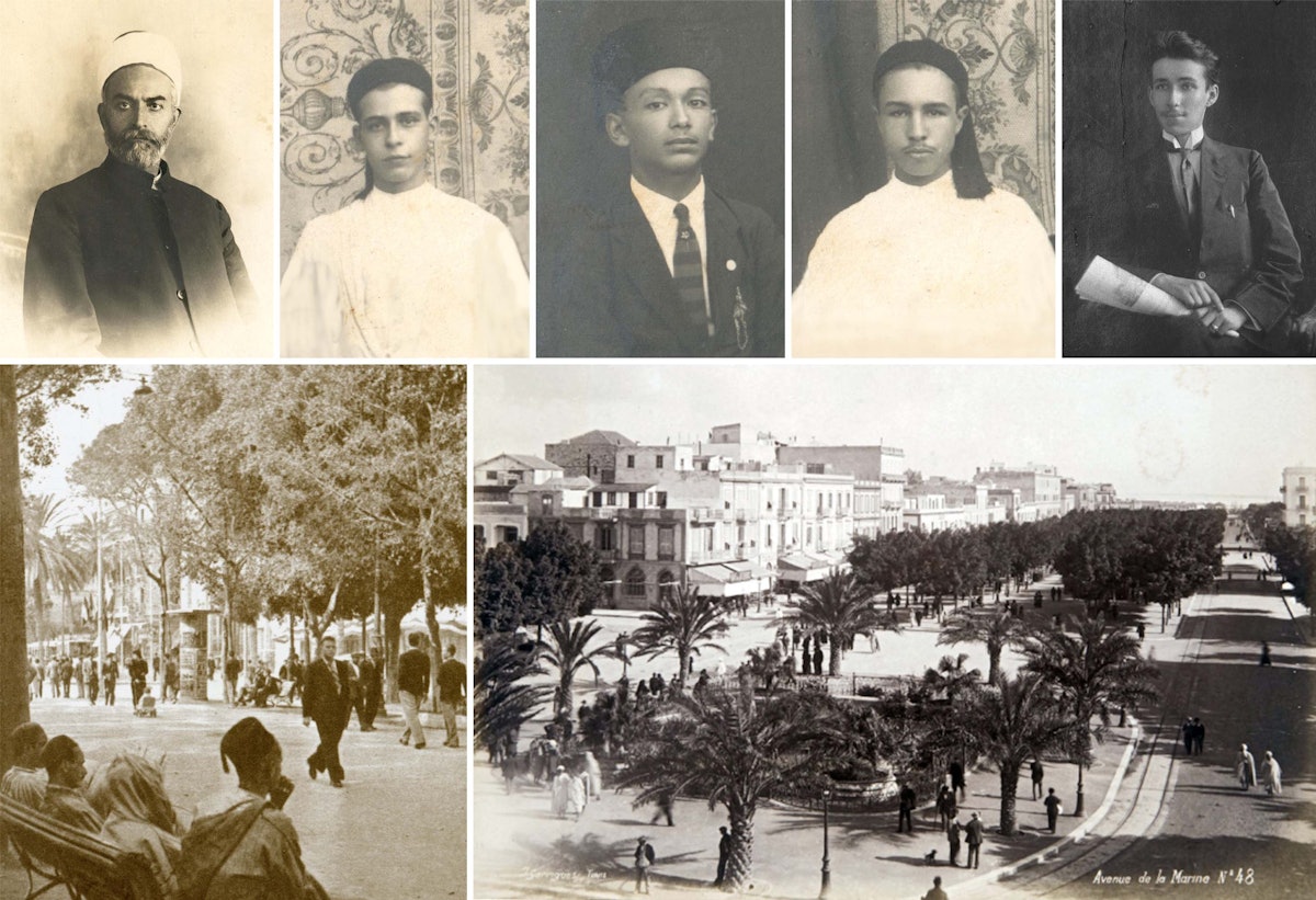 На фото выше изображены некоторые молодые люди, принявшие учение Бахаи вскоре после встречи с шейхом Мухийд-Дином Сабри (вверху слева) на главном бульваре Туниса.