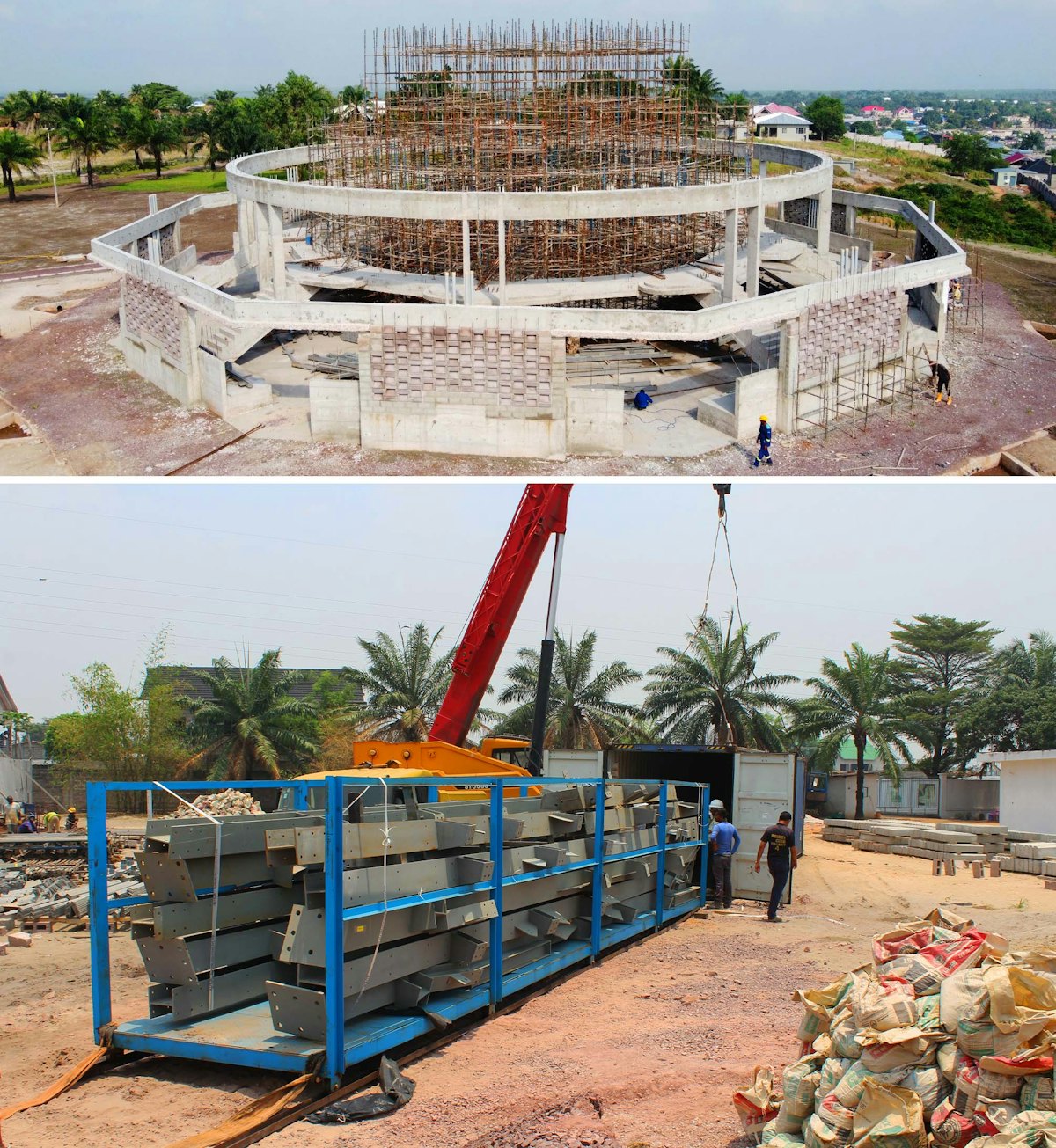 Soon after the concrete structure of the ground floor and gallery level of the temple was completed (top), the structural steel elements needed for the dome superstructure arrived at the site (bottom).