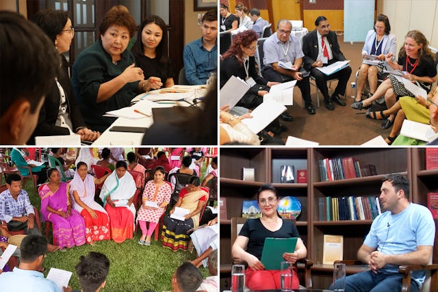 Shown here are different forums hosted by Bahá'í communities around the world addressing the principles of consultation and gender equality.