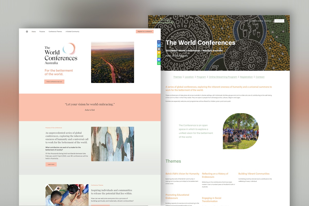 The Bahá’ís of Australia have launched a website (left) to invite their fellow citizens to upcoming conferences. Seen on the right is a website created by the Bahá’ís of Perth.