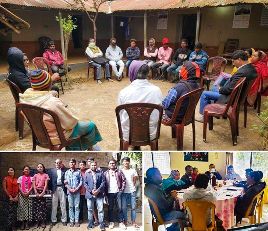 Pictured here are conference planning meetings in various localities in Bangladesh, attended by members of local Bahá’í institutions and residents.
