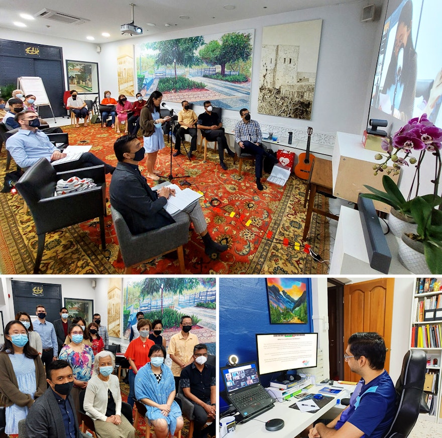 Seen here are representatives of Bahá’í institutions and agencies in Singapore who connected through a video call to a gathering in Malaysia.