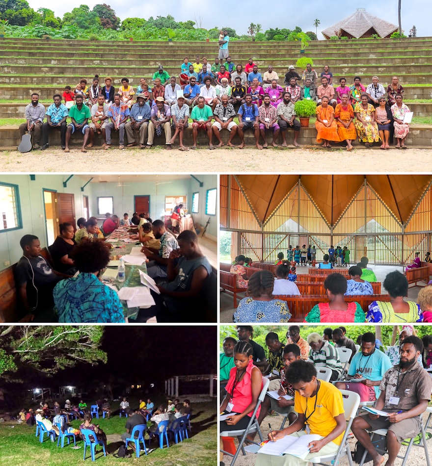 Pictured here are sessions of the gathering in Tanna, Vanuatu. “The vision of a hopeful future that this gathering has inspired in us is a brilliant one,” says a participant. “It is a vision of a community learning from its past and cooperating with others to build a vibrant society.”