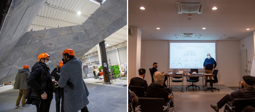 کارکنان پروژه در مرکز جهانی بهائی اخیراً از کارخانهٔ مارگراف بازدید کردند تا در مورد جنبه‌هایی از برنامه‌های آماده‌سازی سنگ مرمر برای سقف مشبک و ساختمان اصلی آرامگاه گفتگو کنند.