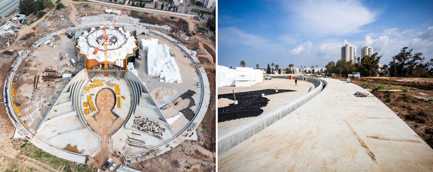 As seen in the aerial view on the left, most of the south plaza floor and the path encircling the Shrine has been completed.