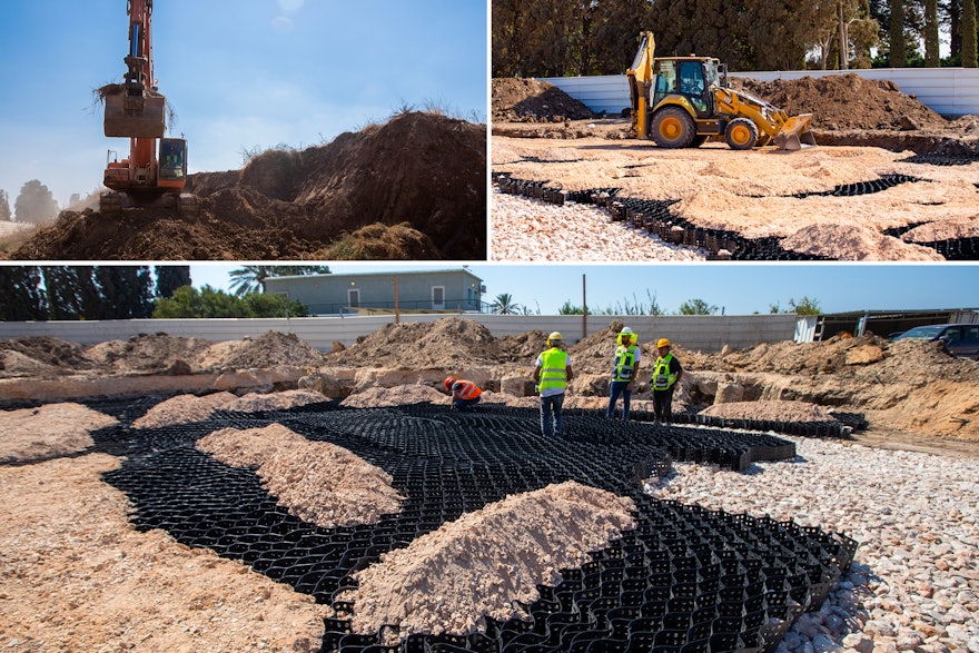 Ya se ha terminado de preparar la cimentación del camino del jardín lateral al este del Santuario. La tierra que se perforó para los pilotes de soporte de la estructura principal se emplea ahora para ajardinar el sendero del jardín.