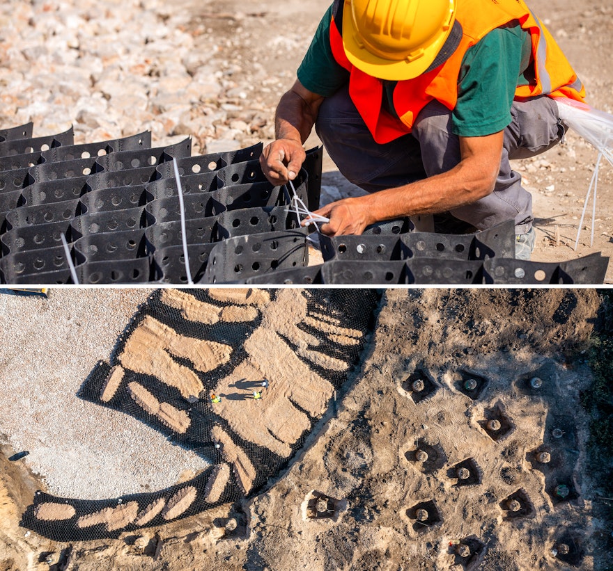 The top image shows a Geoweb network of interconnected porous containers that confine the base layer of soil, a standard technique being used to strengthen the foundations of the side garden path.