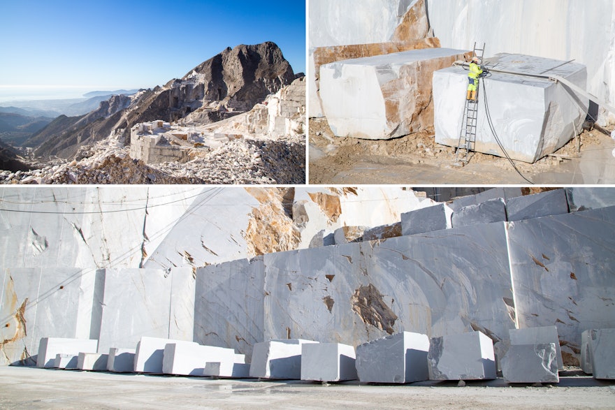 Work on the marble that will clad the trellis is also advancing. Pictured here is a view of the quarry in the town of Carrara, Italy, where Margraf—the marble company working on the project—is sourcing stone for the Shrine.