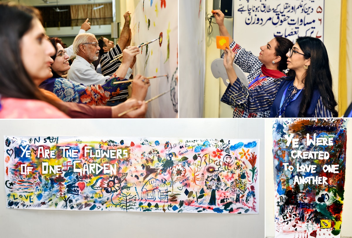 In Islamabad, Pakistan, participants at a local conference contributed to art pieces on themes such as harmony between religion and science, the equality of women and men, and freedom from prejudice.