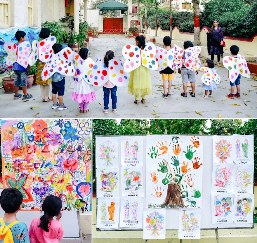 Quelques-unes des œuvres artistiques créées par les enfants lors d’une conférence locale à Karachi, au Pakistan. L’une des œuvres montre un jardin diversifié inspiré par les paroles de Bahá’u’lláh : « Dans le jardin de ton cœur, ne plante que la rose de l’amour. » L’une des activités consistait à décorer des ailes de papillon en s’inspirant de la citation de ‘Abdu’l-Bahá : « La joie nous donne des ailes. »