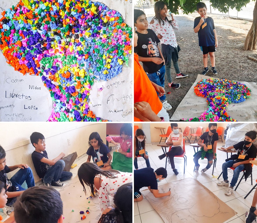 Des enfants participant à une conférence à Colima, au Mexique, ont créé cet arbre coloré.