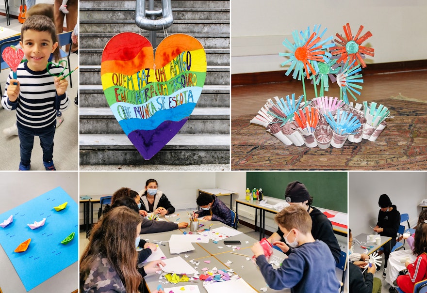 Among the artistic expressions at this gathering in Portugal is a heart-shaped piece welcoming participants with the words “whoever makes a friend finds an endless treasure.”