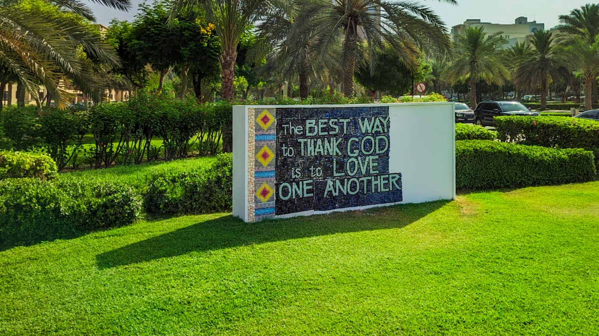 Youth in Dubai, United Arab Emirates, created this mosaic artwork inspired by the series of conferences in that country. The mosaic reads, “The best way to thank God is to love one another.”