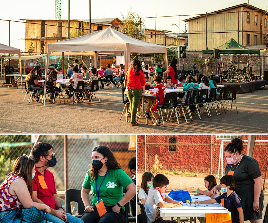 Des enfants, des jeunes et des adultes lors d’une conférence à Peñalolen, au Chili.