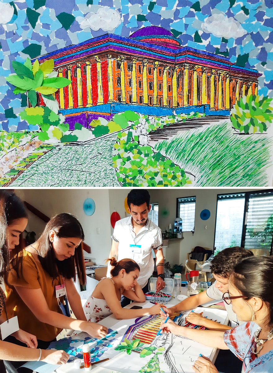 شرکت‌کنندگان در گردهمایی در کولون (Colon) در السالوادور، یک کاردستی موزاییکی ساختند که در آن ساختمان مقر بیت العدل اعظم در مرکز جهانی بهائی نشان داده می‌شود.