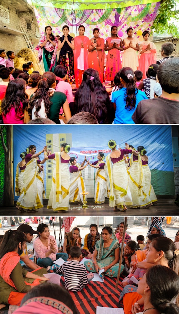 Seen here are participants at local conferences in Bihar and Delhi, India. The middle image shows participants performing a traditional dance.