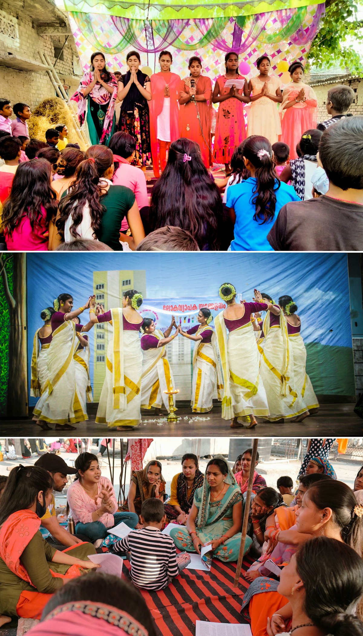 Seen here are participants at local conferences in Bihar and Delhi, India. The middle image shows participants performing a traditional dance.