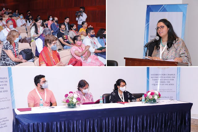 Some of the themes explored at the recent symposium held by the Bahá’í Office of Public Affairs included: sharing the functions of nurturance and care-giving and consultation as the basis for decision-making. Top-right: Carmel Tripathi of the Office of Public Affairs. Bottom: Anshul Tewari, founder of Youth ki Awaaz.
