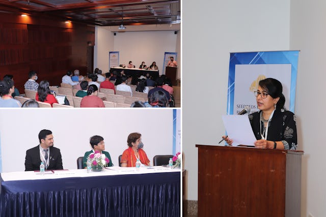 Seen here are panelists at a symposium recently held by the Bahá’í Office of Public Affairs in India to explore how the family can reconceptualized on the basis of the spiritual principle of the equality of women and men.