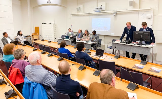 Pictured here is a discussion forum associated with Stockholm+50, held at the Swedish Parliament and co-hosted by the BIC with two Swedish MPs, and other civil society organizations. The panel was moderated by Anders Österberg and Mattias Vepsä, Swedish Members of Parliament. Panel participants, left to right: Daniel Perell, representative of the BIC; Augusto Lopez Claros, Executive Director of the Global Governance Forum; Sylvia Karlsson-Vinkhuyzen, Governing Board member of the International Environment Forum; and Peter Aburi, representative of the BIC. Maria Fernanda Espinosa, former President of the United Nations General Assembly and member of Global Women Leaders: Voices for Change and Inclusion; and Maja Groff, Convener of the Climate Governance Commission, joined virtually.