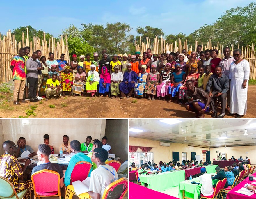 Groups of youth and women are seen here at gatherings in Sierra Leone.