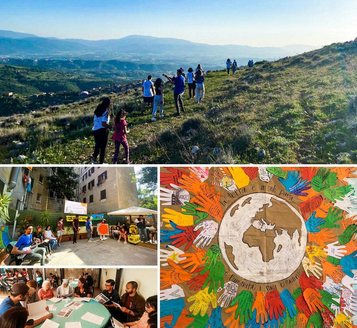 Pictured here are participants at different gatherings in Rome, Italy. Bottom-Right: An example of a collective art piece on the theme of unity in diversity.