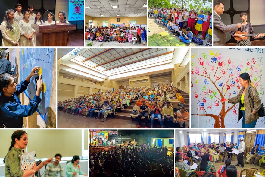 Seen here is a sampling of the conferences held in different regions of India. Center: Auditorium on the grounds of the Bahá’í House of Worship in New Delhi.