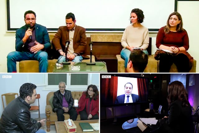 این تصویر برخی از جلسات بحث‌وگفتگو‌یی را نشان می‌دهد که بهائیان مصر به عنوان بخشی از فعالیت‌هایشان برای مشارکت در گفتمان‌های اجتماعی در آن‌ها شرکت کرده‌اند، گفتمان‌هایی از قبیل همزیستی، نقش رسانه در اجتماع و نقش جوانان در تحول اجتماعی.