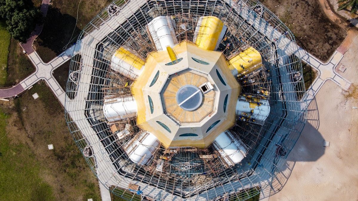 A bird’s-eye-view of the central edifice and surrounding grounds.