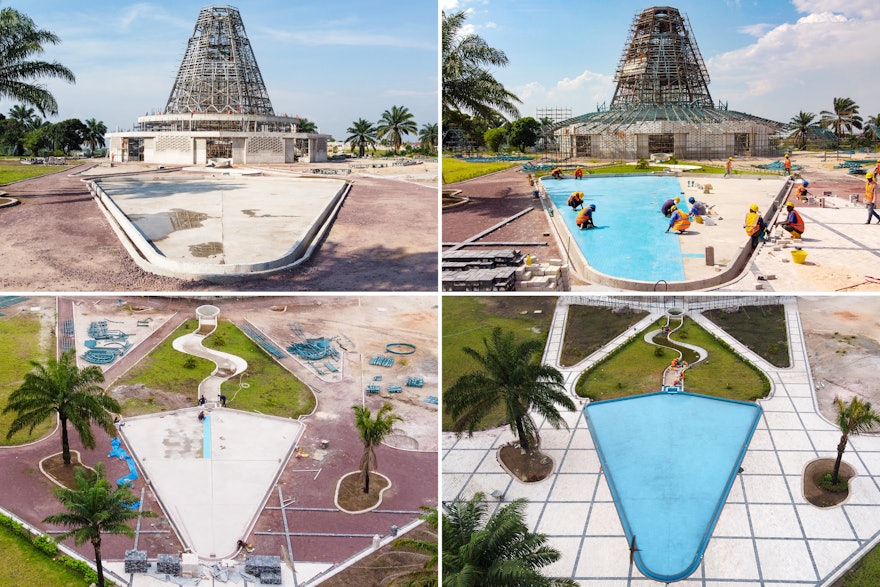 Le miroir d’eau, maintenant terminé, à différents stades de sa construction.