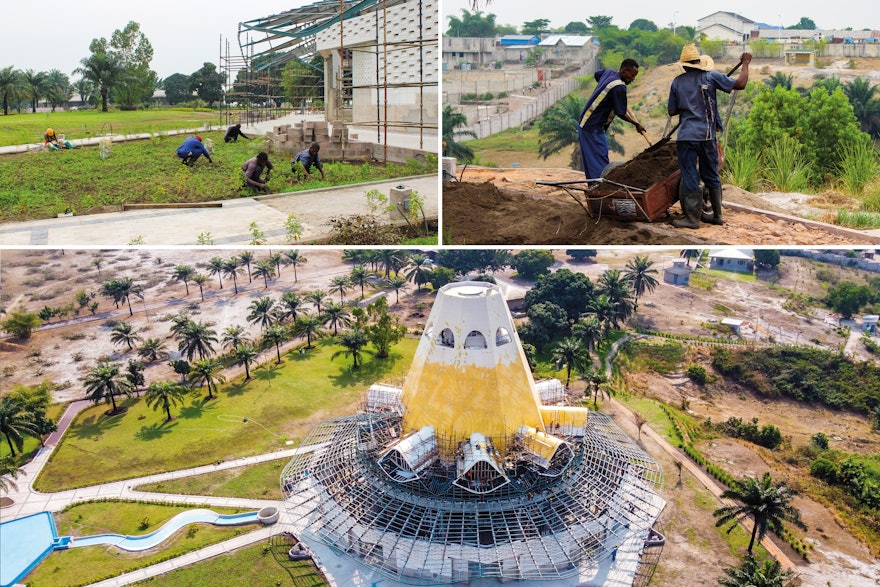 Avanzan los trabajos de jardinería en los terrenos del templo. El recinto contará con flores de los viveros locales de Kinshasa.