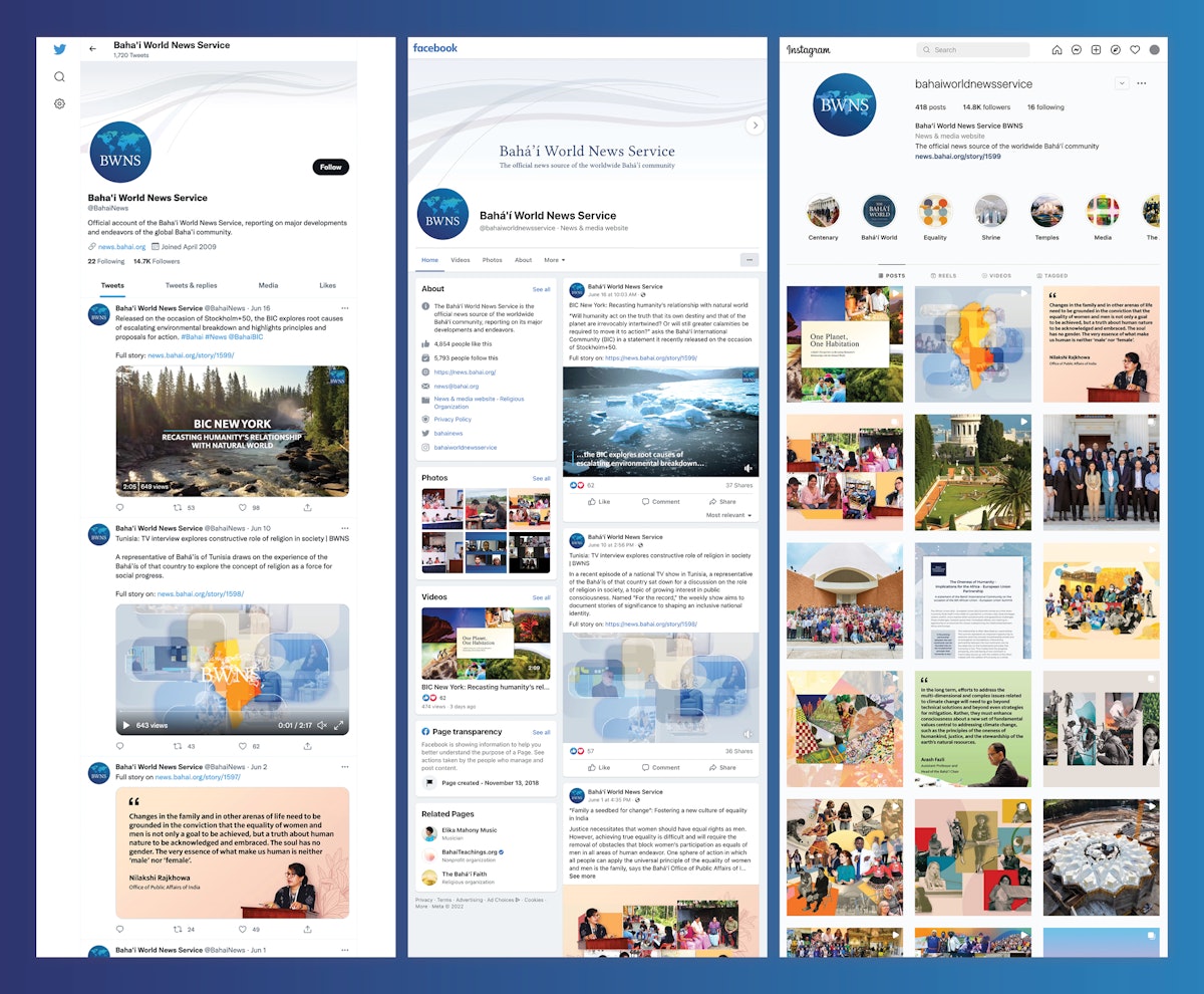 Всемирная служба новостей бахаи доступна на Facebook, Instagram и Twitter.