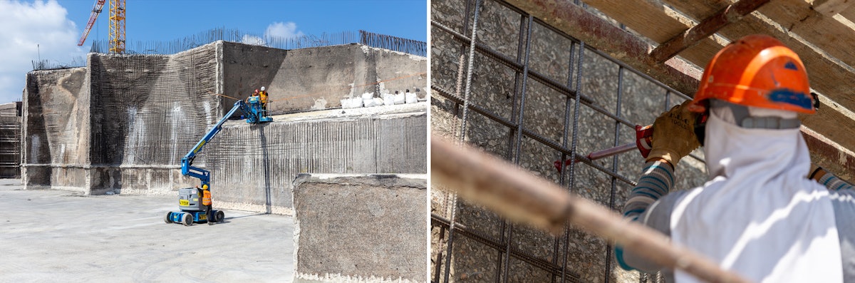 The concrete walls affected by the fire have been cleaned by pressure washing with water. Broken or loose pieces of concrete have been scraped away. These same walls are being reinforced with rebar and an additional layer of concrete is being applied to them, which will restore their  thickness according to specifications.