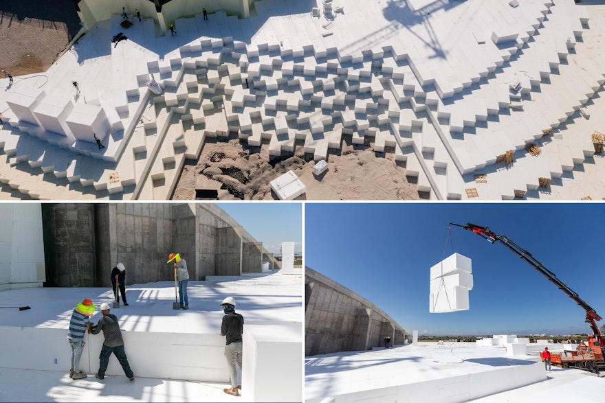 The placement of the polystyrene (EPS) formwork is rapidly advancing on the western berm. These will support the structure of the gardens on the east and west sides of the Shrine.