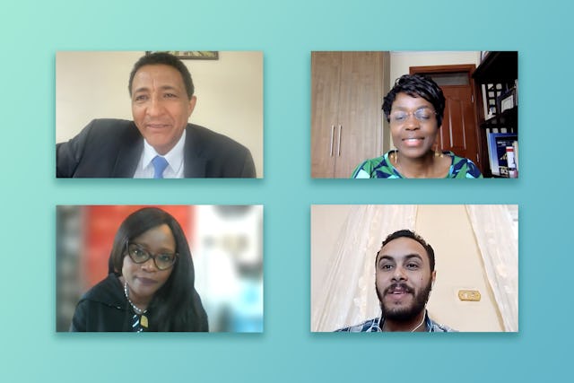 Participants of the BIC forum included: Solomon Belay of the BIC Addis Ababa Office (top-left); Atieno Mboya, professor of International Environment Law and Gender at Emory University (top-right); Musonda Mumba, Director for the Rome Centre for Sustainable Development of the United Nations Development Programme (bottom-left); and Amr Hassan, Founder and President of Women Leaders Campaign (bottom-right).