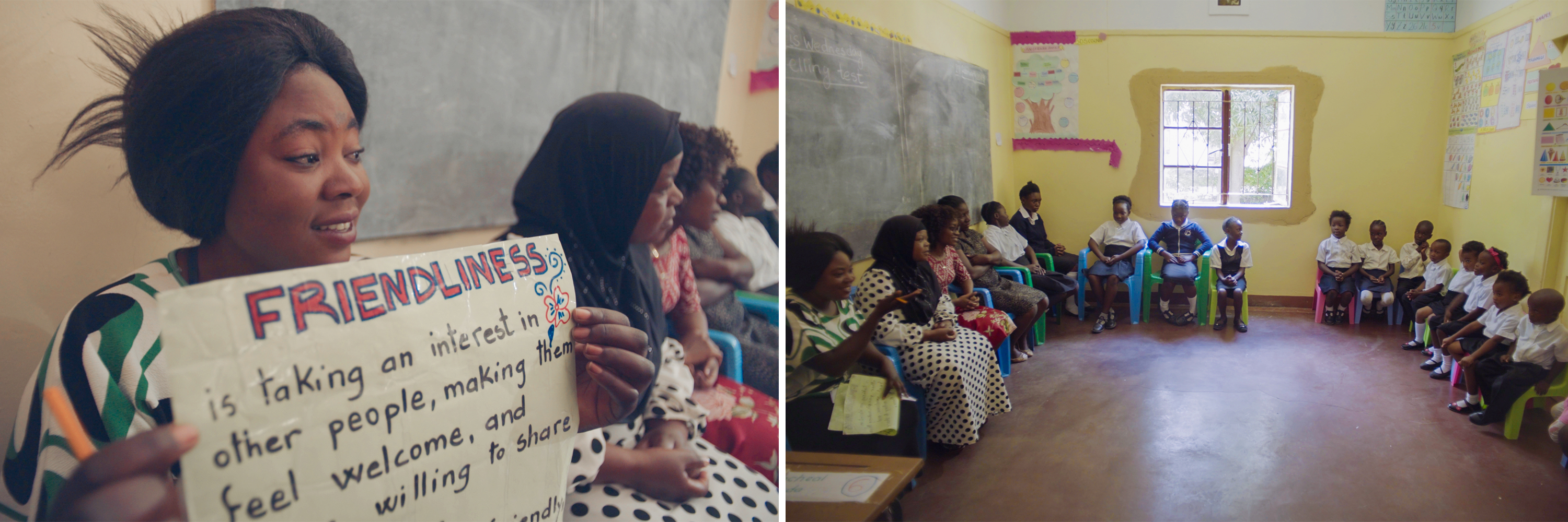 A teacher at a Bahá'í-inspired community school in Kabwe, Zambia, explores the topic friendliness with her class.