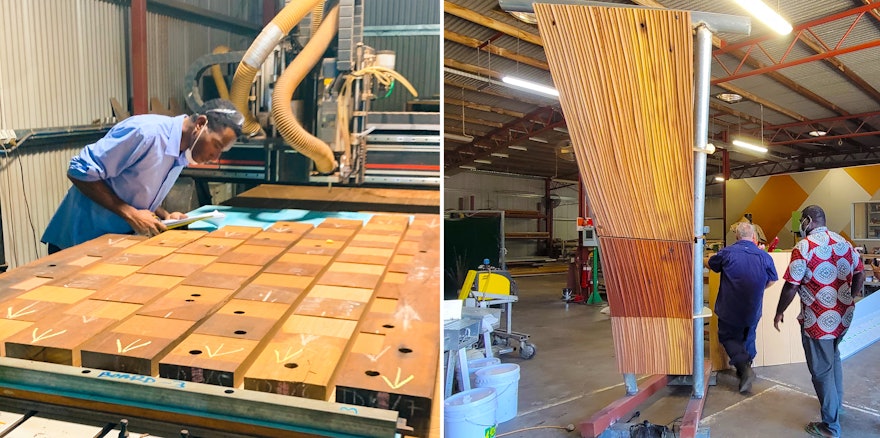 Work on the recycled timber that will line the underside of each entry canopy is under way. Smaller wood panels are first aligned and leveled (left) before being joined into larger panels through glue-lamination.