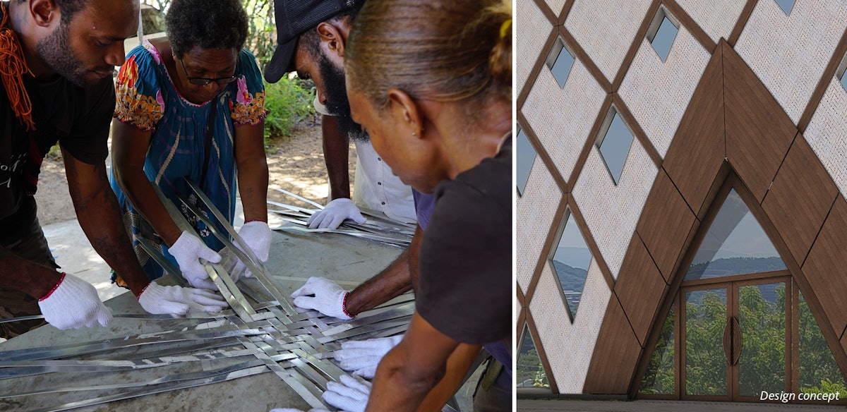 The image on the left shows nearby residents assisting with the weaving of aluminum strips that will adorn the interior of the dome. The image on the right is a design rendering of the interior of the temple, featuring a pattern that represents the coming together of the many diverse people of PNG.