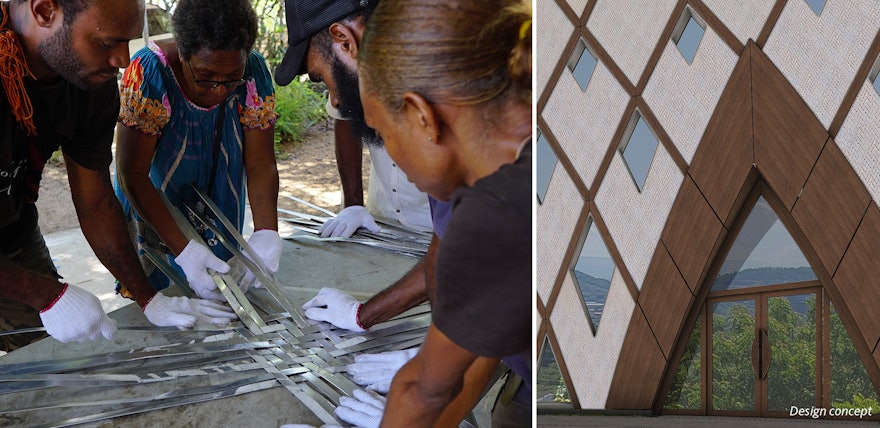 La imagen de la izquierda muestra a los residentes locales ayudando a trenzar las tiras de aluminio que adornarán el interior de la cúpula. La imagen de la derecha es un diseño del interior del templo, con un patrón que representa la unión de los diversos pueblos de Papúa Nueva Guinea.
